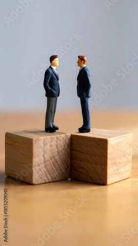 Miniature figures of two men in suits facing each other on wood blocks