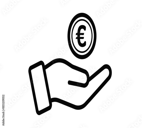 A hand offering a euro coin depicted in a simple black and white line drawing