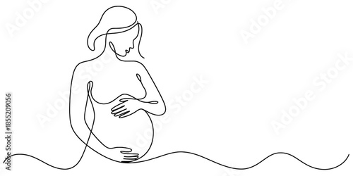 A minimalist continuous line art illustration showing a pregnant woman tenderly embracing her baby bump Vector, illustration