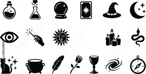 Set of mystic alchemy and astrology icons. Vector black witchcraft symbols including moon, stars, and potion for spiritual design.