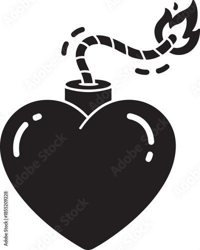 Black heart with a lit match and a caterpillar flame