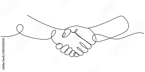 A continuous line drawing of two hands shaking, symbolizing partnership and agreement. Vector, illustration
