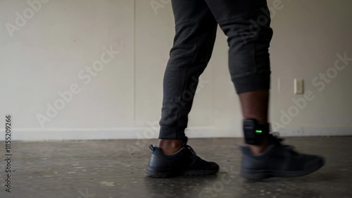 Close up of person walking indoors wearing an electronic ankle monitor and athletic shoes on a concrete floor