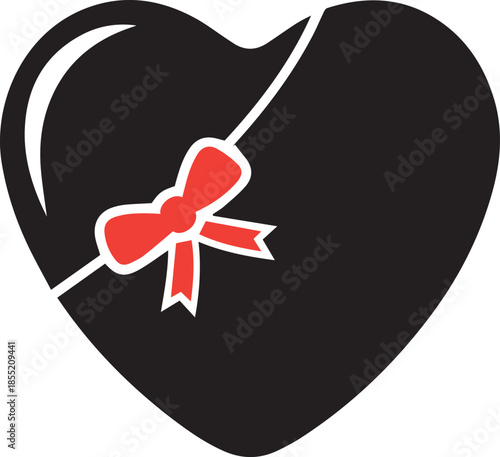 Black heart with red bow ribbon