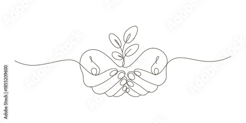 Continuous line drawing of cupped hands holding a small plant sprout, symbolizing nature care Vector, illustration