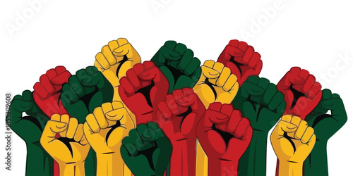 Raised fists in rasta colors of red gold and green demonstrate solidarity and power