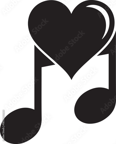 Black musical quarter note symbol with heart shape on musical note white