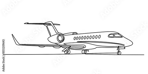 Continuous line drawing of a modern business jet on tarmac Vector, illustration