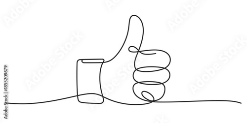 Continuous line art drawing of a thumbs up hand gesture isolated on a white background Vector, illustration