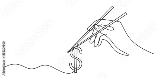 A minimalist continuous line drawing depicting a hand using chopsticks to grasp a dollar sign Vector, illustration