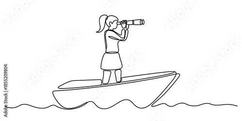Girl looking through telescope on a boat Vector, illustration