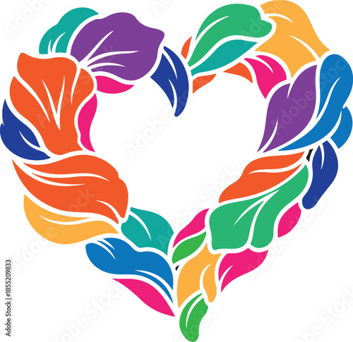 Colorful abstract floral heart shape with vibrant petals and leaves