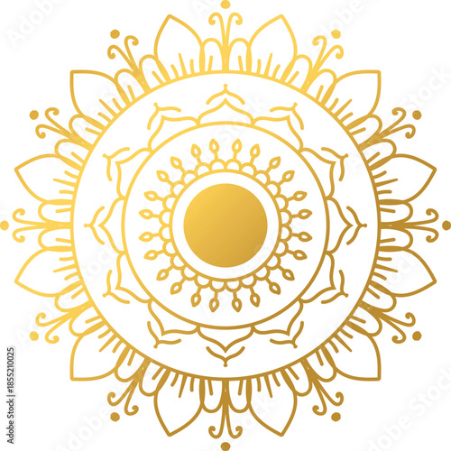 Golden sun mandala with lotus petals and floral patterns