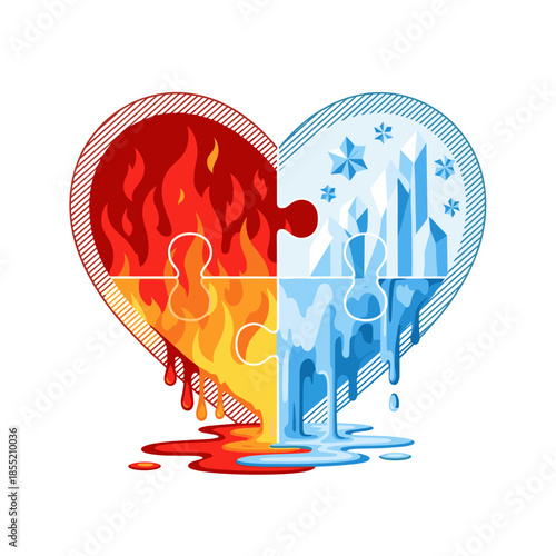 Fire and ice puzzle pieces melting into a heart shape  