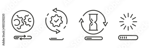 Loading icon set. Progress bar. Processing, updating. Line art icons.