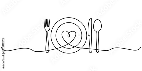Continuous line art of cutlery set with heart on plate, minimalist food icon Vector, illustration