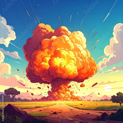 Large explosion over a landscape with a dirt road, sky