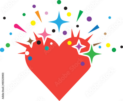 Red heart with colorful stars and dots bursting out in a vibrant explosion