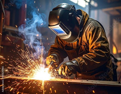 A welder works, sparks fly, with protective gear on, in a workshop