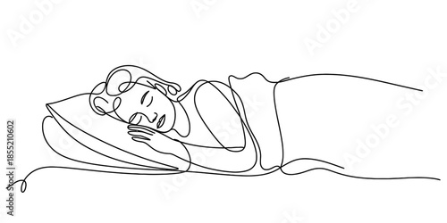 A continuous line art drawing of a person sleeping peacefully on a pillow in bed Vector, illustration