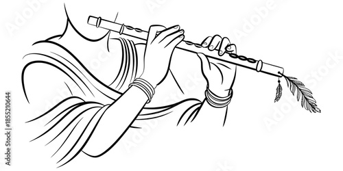 A line art illustration of lord krishna playing the bansuri flute with a peacock feather Vector, illustration