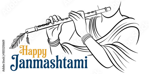 Happy janmashtami festival greeting illustration featuring lord krishna playing bansuri flute Vector, illustration