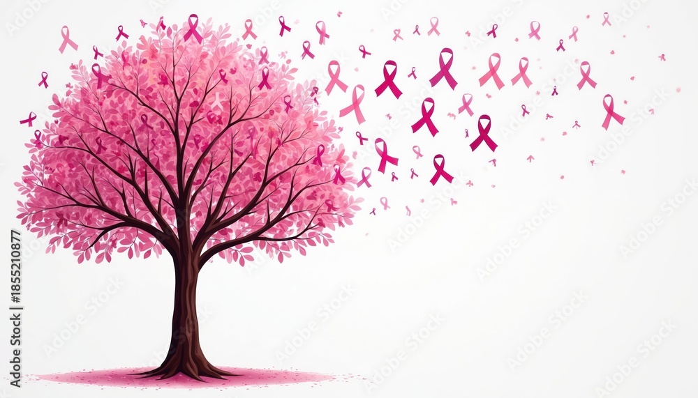 Obraz premium Pink ribbon tree symbolizes breast cancer awareness and hope. Pink ribbons float from branches and in the air. Artwork represents strength, survival, and support for a cure.
