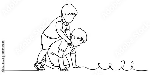 Continuous line drawing of two boys playing leapfrog, capturing the essence of childhood fun and friendship Vector, illustration