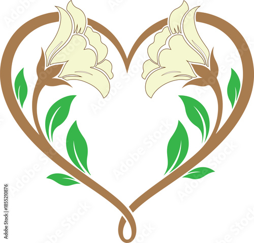 Two light yellow flowers with green leaves in a heart shape on a white background