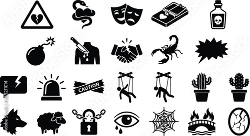 Set of magic and witchcraft silhouette icons. Vector black potion, tarot card, crystal ball, and zodiac symbols for halloween design.