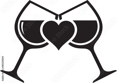 Two wine glasses with a heart shape formed by their rims in black and white love romance Valentine's Day