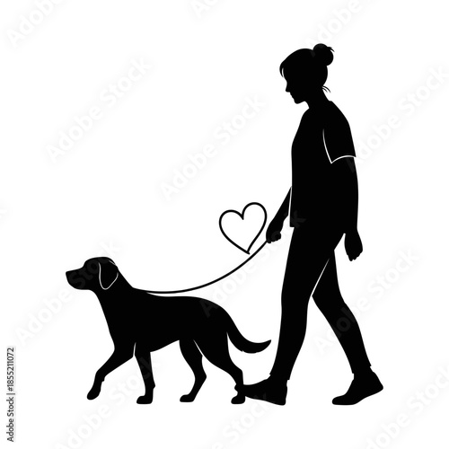 Person walking with dog silhouette, Valentine pet companionship vector