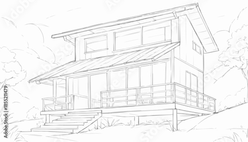 Sketch of a modern hillside house with balcony and panoramic windows in a natural landscape
