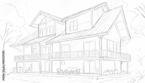 Sketch of a spacious two-story house with a balcony in a serene natural environment
