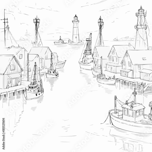 Sketch of a tranquil harbor with lighthouses, fishing boats, and seaside houses