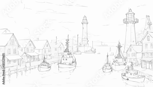 Sketch of a harbor scene with boats, lighthouses, and waterfront houses