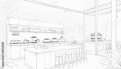 Sketch of a modern café interior, inviting design concept
