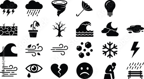 Set of natural disaster and negative emotion icons. Vector black silhouette storm, dead tree, drought, and broken heart symbols for crisis design.