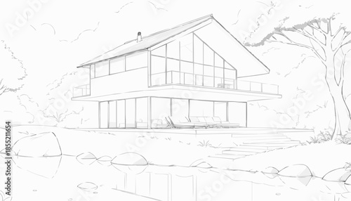 Sketch of a modern house by the water with trees and serene landscape
