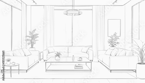 Sketch of a modern living room interior, elegant design concept