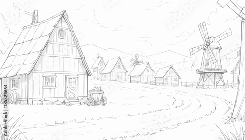 Sketch of a rural landscape featuring a farmhouse, windmill, and scenic road
