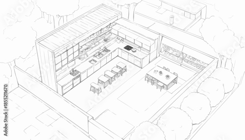 Sketch of a modern kitchen layout, architectural design concept