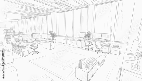 Sketch of an office interior, modern workspace design concept
