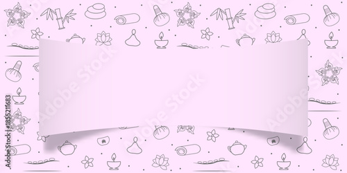Spa and wellness concept in pink. Pattern with Spa and wellness icons design. Text space. Chinese massage, Thai massage. Wellness massage. Relaxation. Vector for your design. EPS10.