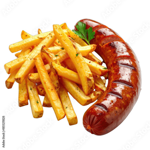 A perfectly grilled sausage served alongside a pile of golden french fries.