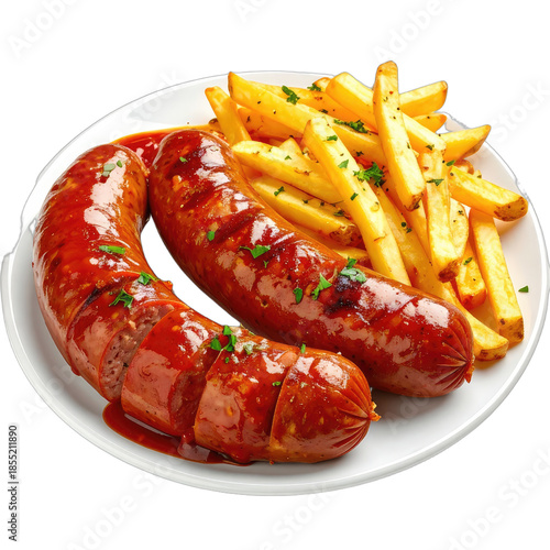 Juicy grilled sausages with French fries and barbecue sauce on a white plate.