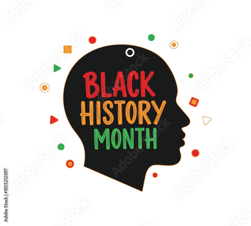 A black silhouette of a human head displays the text black history month with colorful dots