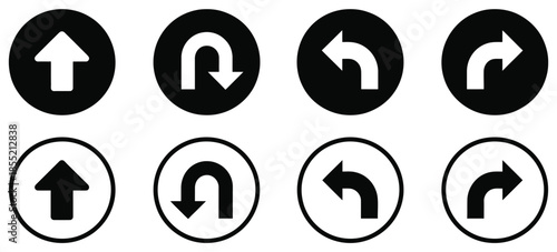 Go straight, U-turn left and right black and white arrow round circle traffic sign icon set