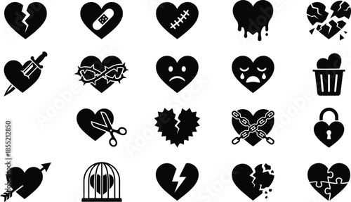 Set of broken and mended heart icons. Vector black silhouette love symbols with bandage, zipper, crack, and stitches for divorce concept.