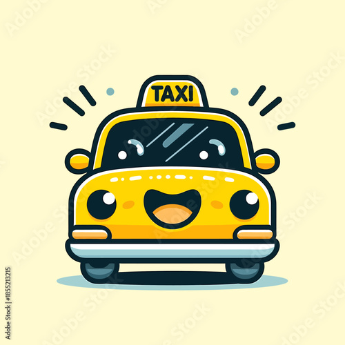 A cheerful yellow taxi cab with a smiling face on a simple background